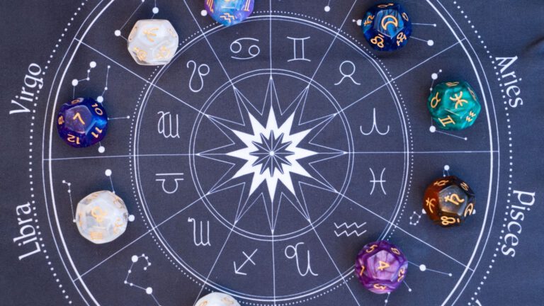 Zeichnung verschiedener Sternzeichen in einem Kreis,mit Würfeln.